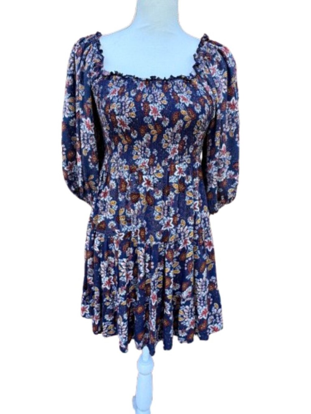Floral Smocked Boho Mini Dress Medium Navy Balloon Sleeve Angie
